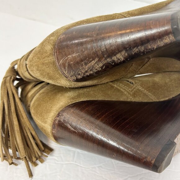 Frye Cece Tassel Wedge Bootie Suede Boots Size 8.5 Army Green Brown Women's - Picture 5 of 6